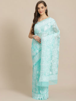 ADA - Hand Embroidered Sea Green Georgette Lucknow Chikan Saree With Unstitched Blouse (A311297)