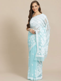ADA - Hand Embroidered Blue Georgette Lucknow Chikan Saree With Unstitched Blouse (A311301)