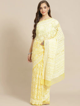 ADA - Hand Embroidered Yellow Georgette Lucknow Chikan Saree With Unstitched Blouse (A311302)