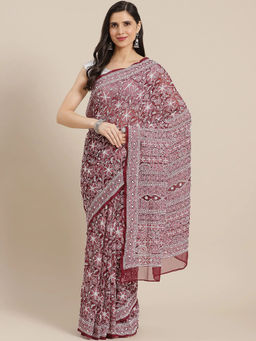 ADA - Hand Embroidered Wine Georgette Lucknow Chikan Saree with Unstitched Blouse (A311304)