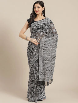 ADA - Hand Embroidered Black Georgette Lucknow Chikan Saree with Unstitched Blouse (A311305)