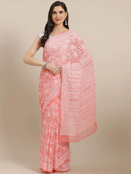 ADA - Hand Embroidered Peach Georgette Lucknow Chikan Saree with Unstitched Blouse (A311306)