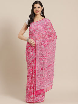 ADA - Hand Embroidered Magenta Georgette Lucknow Chikan Saree with Unstitched Blouse (A311307)