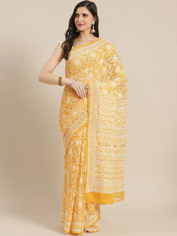 ADA - Hand Embroidered Mustard Georgette Lucknow Chikan Saree with Unstitched Blouse (A311308)