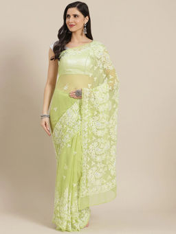 ADA - Hand Embroidered Green Georgette Lucknow Chikan Saree with Unstitched Blouse (A311312)
