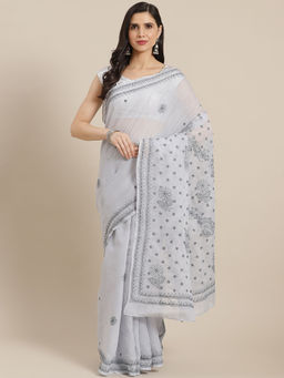 ADA - Hand Embroidered Grey Cotton Lucknow Chikan Saree with Unstitched Blouse (A311313)