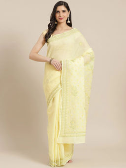 ADA - Hand Embroidered Lemon Cotton Lucknow Chikan Saree with Unstitched Blouse (A311314)