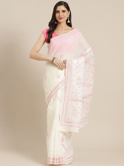 ADA - Hand Embroidered Cream Cotton Lucknow Chikan Saree with Unstitched Blouse (A311316)