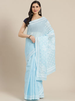 ADA - Hand Embroidered Blue Cotton Lucknow Chikan Saree with Unstitched Blouse (A311317)