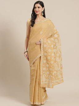 ADA - Hand Embroidered Beige Cotton Lucknow Chikan Saree with Unstitched Blouse (A311318)