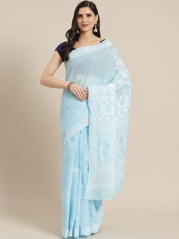 ADA - Hand Embroidered Blue Cotton Lucknow Chikan Saree with Unstitched Blouse (A311319)