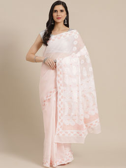 ADA - Hand Embroidered Pink Cotton Lucknow Chikan Saree with Unstitched Blouse (A311320)