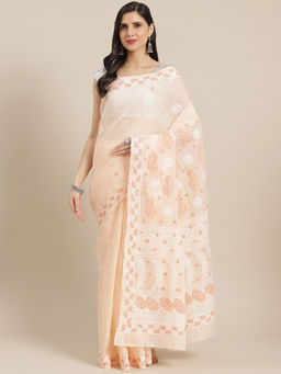 ADA - Hand Embroidered Peach Cotton Lucknow Chikan Saree with Unstitched Blouse (A311321)