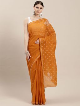 ADA - Mustard Cotton Lucknow Chikan Saree With Blouse Piece (A346160)