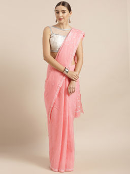 ADA - Ethnic Peach Cotton Lucknow Chikan Saree With Blouse Piece (A346173)