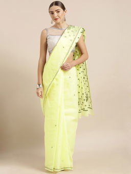 ADA - Lemon Ethnic Cotton Lucknow Chikan Saree With Blouse Piece (A408730)