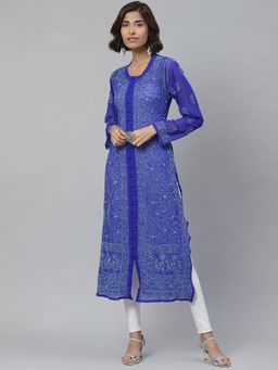 ADA - Embroidered Royal Blue Georgette Lucknow Chikan Kurta- A411124 (XS) (A411124)