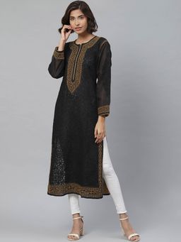 ADA - Embroidered Black Cotton Lucknow Chikan Kurta- A411133 (XS) (A411133)