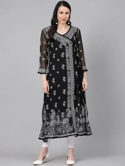 ADA - Embroidered Black Georgette Lucknow Chikan Angarkha Kurta With Slip (Set of 2) (XS) (A411162)