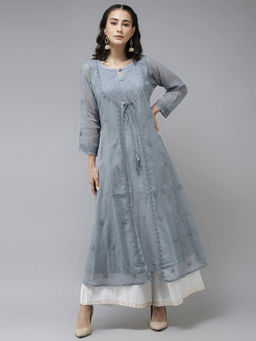 ADA - Hand Embroidered Grey Kota Lucknowi Chikankari Kurta (XS) (A411170)