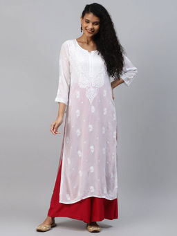 ADA - Hand Embroidered White Georgette Lucknow Chikankari Kurta (XS) (A411223)