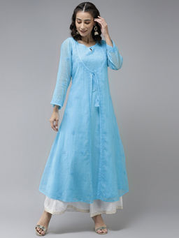 ADA - Hand Embroidered Firozi Blue Kota Lucknow Chikankari Kurta (XS) (A411231)