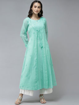 ADA - Hand Embroidered Sea Green Kota Lucknow Chikankari Kurta (XS) (A411234)