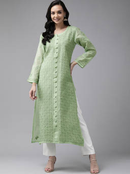 ADA - Hand Embroidered Green Cotton Lucknow Chikankari Kurta [A411246]