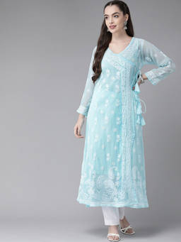 ADA - Hand Embroidered Blue Georgette Lucknowi Chikankari Angrakha with Slip [A411263]