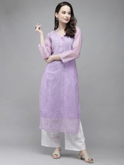ADA - Hand Embroidered Mauve Kota Lucknow Chikankari Kurta with Muqaish & Slip (Set of 2) [A411290]