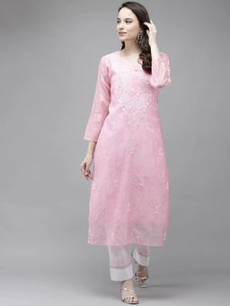 ADA - Hand Embroidered Pink Kota Chikankari Kurta With Muqaish & Slip (Set of 2) [A411291]