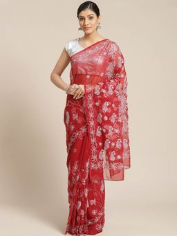 ADA - Embroidered Maroon Georgette Lucknow Chikan Saree- A434381 (A434381)