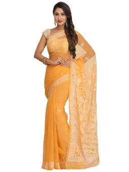 ADA - Hand Embroidered Mustard Georgette Lucknow Chikan Saree- A483332 (A483332)