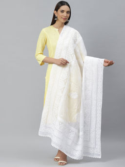 ADA - Hand Embroidered White Cotton Chikankari Dupatta- A511129 (A511129)
