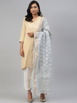 ADA - Hand Embroidered Grey Kota Chikankari Dupatta- A511166 (A511166)