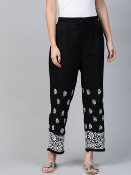ADA - Hand Embroidered Black Cotton Palazzo (M) (A528760)