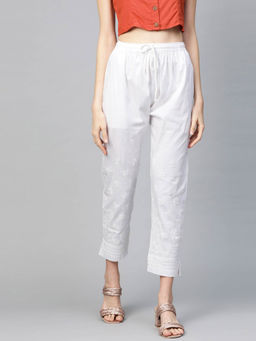 ADA - Hand Embroidered White Cotton Palazzo- A711112 (XS) (A711112)