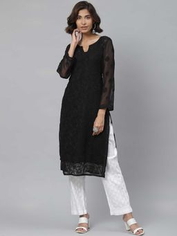ADA - Black Embroidered Kurta with Inner and Palazzo (Set of 3) (XS) (A811122)