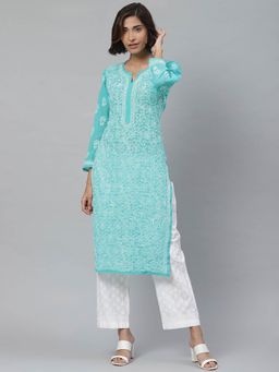 ADA - Embroidered Sea Green Georgette Lucknow Chikan Kurta and Palazzo (Set of 2) (XS) A811127