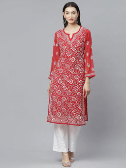 ADA - Red Embroidered Kurta with Inner and Palazzo (Set of 3) (XS) (A811143)