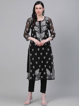 ADA - Embroidered Black Georgette Lucknow Chikan Kurta & Pant With Slip (Set of 3) (XS) (A811148)
