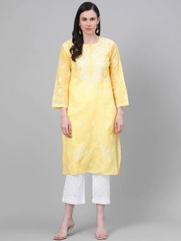 ADA - Yellow Embroidered Kurta And Pant (Set of 2) (XS) (A811151)