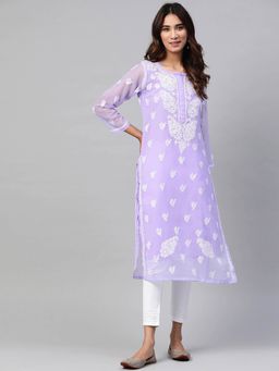 ADA - Embroidered Lavender Georgette Lucknow Chikan Kurta & Pant With Slip (Set of 3) (XS) (A811163)
