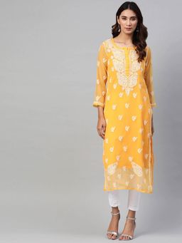 ADA - Embroidered Mustard Georgette Lucknow Chikan Kurta & Pant With Slip (Set of 3) (XS) (A811164)