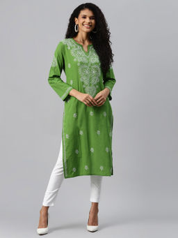 ADA - Hand Embroidered Green And White Cotton Lucknow Chikankari Kurta (Set of 2) (XS) (A811200)