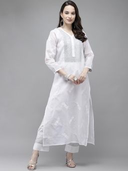 ADA - Hand Embroidered White Cotton Lucknow Chikankari Kurta With Palazzo (Set of 2) [A811211]
