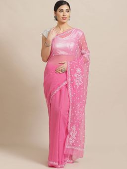 ADA - Embroidered Pink Georgette Lucknow Chikan Saree With Unstitched Blouse (A84006)