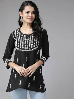 ADA - Hand Embroidered Black Cotton Lucknow Chikan Kurti (XS) (A911118)