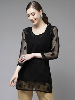 ADA - Hand Embroidered Black Georgette Lucknow Chikankari Kurti with Slip (Set of 2) [A911139]
