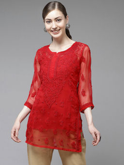 ADA - Hand Embroidered Red Georgette Lucknow Chikankari Kurti with Slip (Set of 2) [A911140]